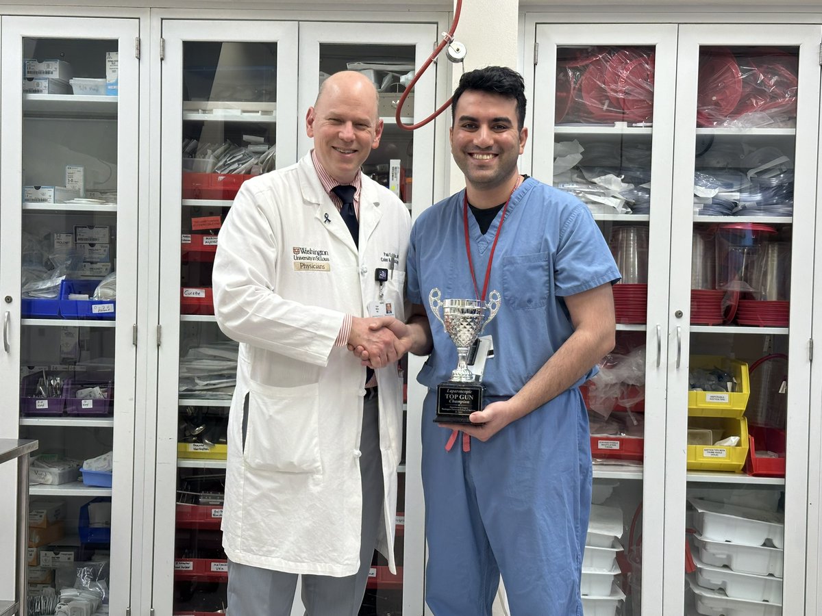 .@WashUSurgRes trainees recently participated in a friendly competition to see who has the fastest laparoscopic skills in the WISE Top Gun competition. Usman Panni, MD (PGY-3), secured this year's crown as champion after placing in the top three last year: bit.ly/49BgQfG