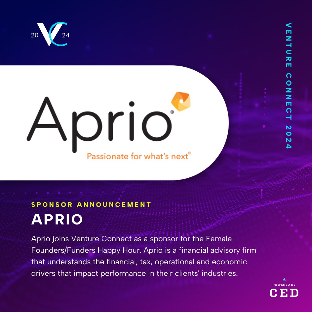 Aprio joins Venture Connect as a sponsor for the Female Founders/Funders Happy Hour. Aprio is a financial advisory firm that understands the financial, tax, operational + economic drivers that impact performance in their clients' industries.

cednc.org/venture-connec…