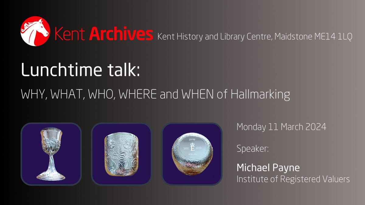 kent_archives's tweet image. Announcing our first lunchtime talk of 2024!
Monday 11th March, 1-2pm:

'The WHY, WHAT, WHO, WHERE and WHEN of Hallmarking' presented by Michael Payne, Institute of Registered Valuers @UKNAJ

Book your seat today:
📧 archives@kent.gov.uk
☎️ 03000 420673
#Silver #Hallmarking #Kent
