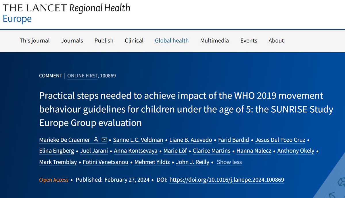 Elina Engberg (@elinaengberg) on Twitter photo Our writing fresh from the press! <a href="/LancetRH_Europe/">The Lancet Reg Health-Europe</a>
Movement behaviours in children under 5 years:
1) Do European nations have national guidelines?
2) Do they have adequate surveillance?
3) Specific policies?
Read about the practical steps needed👇👇👇
thelancet.com/journals/lanep… Our writing fresh from the press! <a href="/LancetRH_Europe/">The Lancet Reg Health-Europe</a>
Movement behaviours in children under 5 years:
1) Do European nations have national guidelines?
2) Do they have adequate surveillance?
3) Specific policies?
Read about the practical steps needed👇👇👇
thelancet.com/journals/lanep…