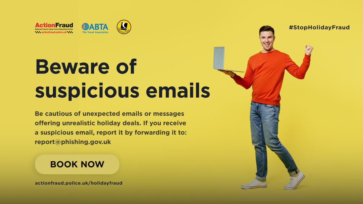 🎣 Be cautious of unexpected emails or messages offering holiday deals.
🚫 If you receive a suspicious message, report it by forwarding the emails to: re-port@phishing.gov.uk
🔗Find out more here orlo.uk/gVkNO

#StopHolidayFraud