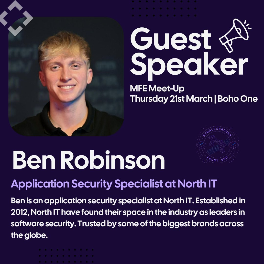 Everyone say hey to our MFE Meet-Up Speaker for March! Ben Robinson is an Application Security Specialist at North IT, we're looking forward to hearing his industry talk! You can hear it too!👇 📍Boho One | 6pm | Thursday 21st March 🔗 Register here! loom.ly/qPjBKX0