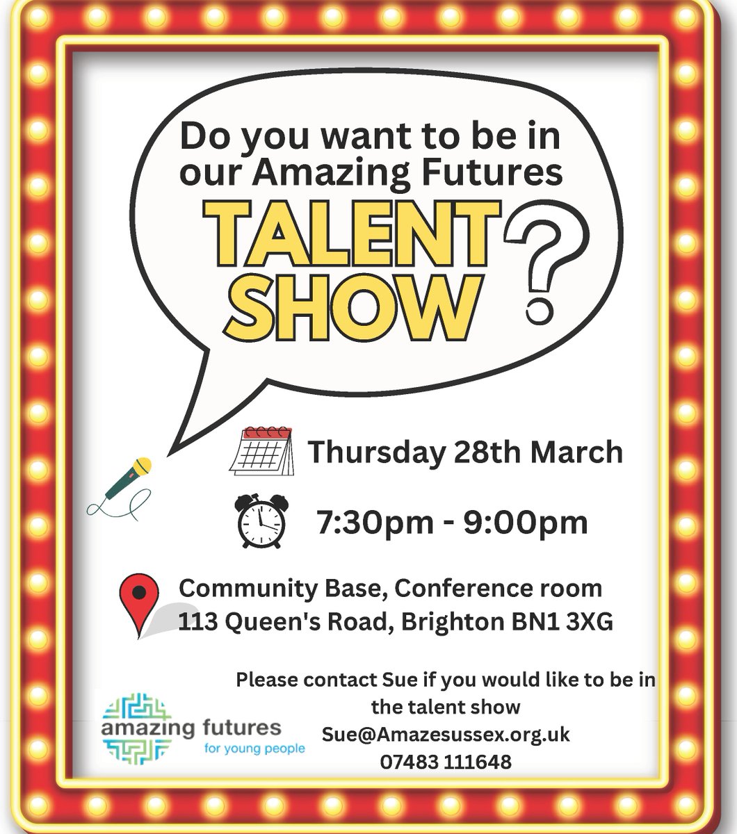 Our talent show for young people with SEND aged 14 to 25 in Brighton &amp; Hove is coming up on Thurs 28 March, &amp; will also be a leaving party for Sue Winter, Amazing Futures (Brighton) manager. Any young people Sue's worked with over the years are welcome to come - just contact Sue.