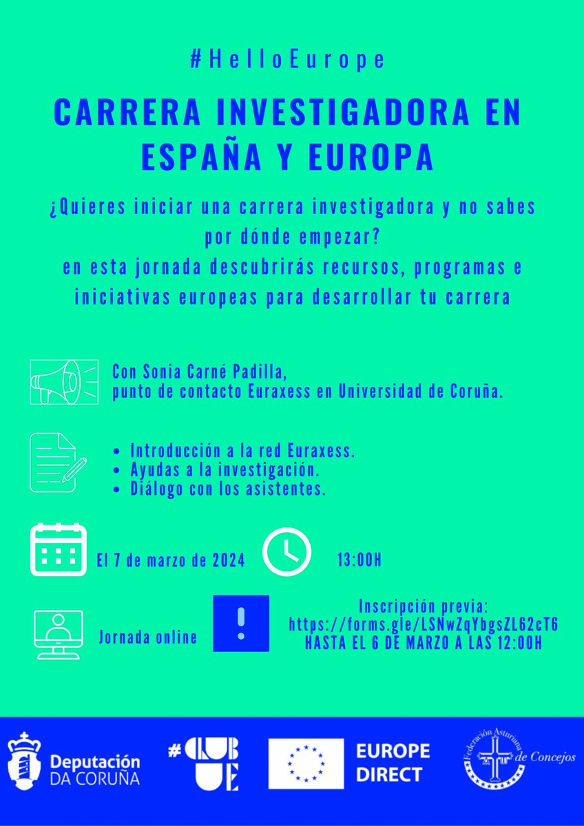 ED_Asturias's tweet photo. Carrera investigadora en España y Europa: #helloeurope
Quieres iniciar tu carrera en Europa y no sabes como hacerlo? En esta jornada con te lo contamos.
📌El 7/03/24. De 13:00 a 14:00 h.
Inscripción hasta el 6/3/24 https://t.co/drW4Qe3A4X
@EDCoruna @ED_Asturias #ClubUE https://t.co/eo4S81iXVG