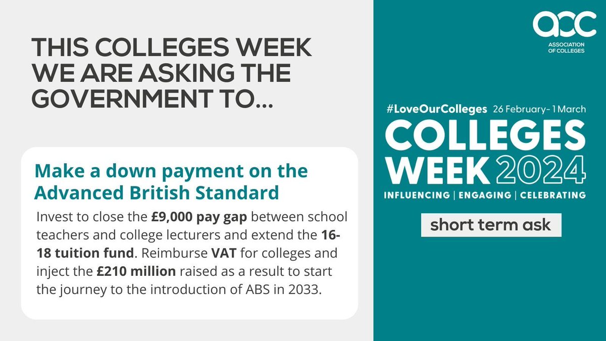 With a week to go until the #SpringBudget we have two short term asks for the government: 1. Mind the skills gap 2. Make a down payment on the ABS These steps will allow colleges to play an even bigger role in a strong society and a growing economy. @AoC_info #CollegesWeek2024