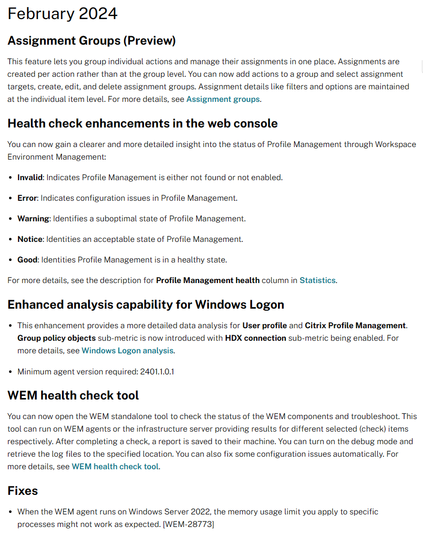 cstalhood's tweet photo. Citrix WEM Cloud Service New Features February 2024 https://t.co/uxGlPBMT6S < Assignment Groups; WEM health check tool https://t.co/XQQzZLj9dd