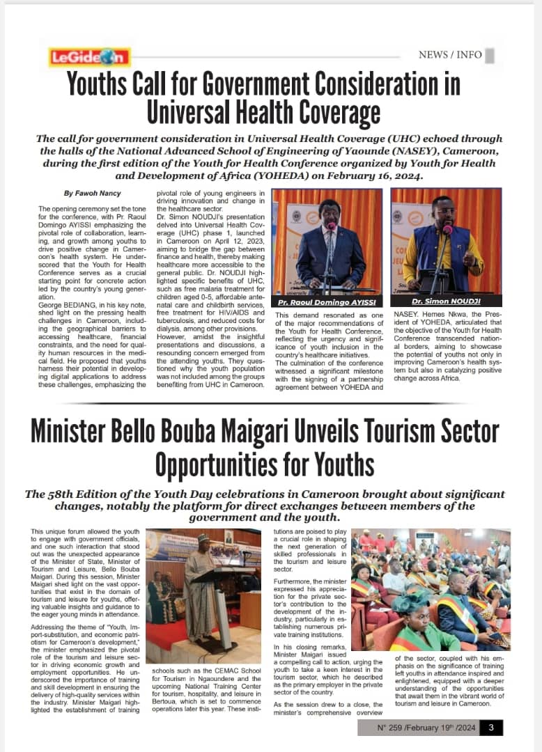 Le Gideon MEDIA était présent à la conférence 'Youth for Health'. Ils ont présenté l'événement dans l'une des éditions récentes de leur journal
@ENSPolytech_UY1
@LegideonN
@MinsanteCMR
@pevcameroun
@AUBingwa
@AfricaCDC
@FRauCameroun
@CanadaCameroon

#youthforhealth
#health
#SDG3