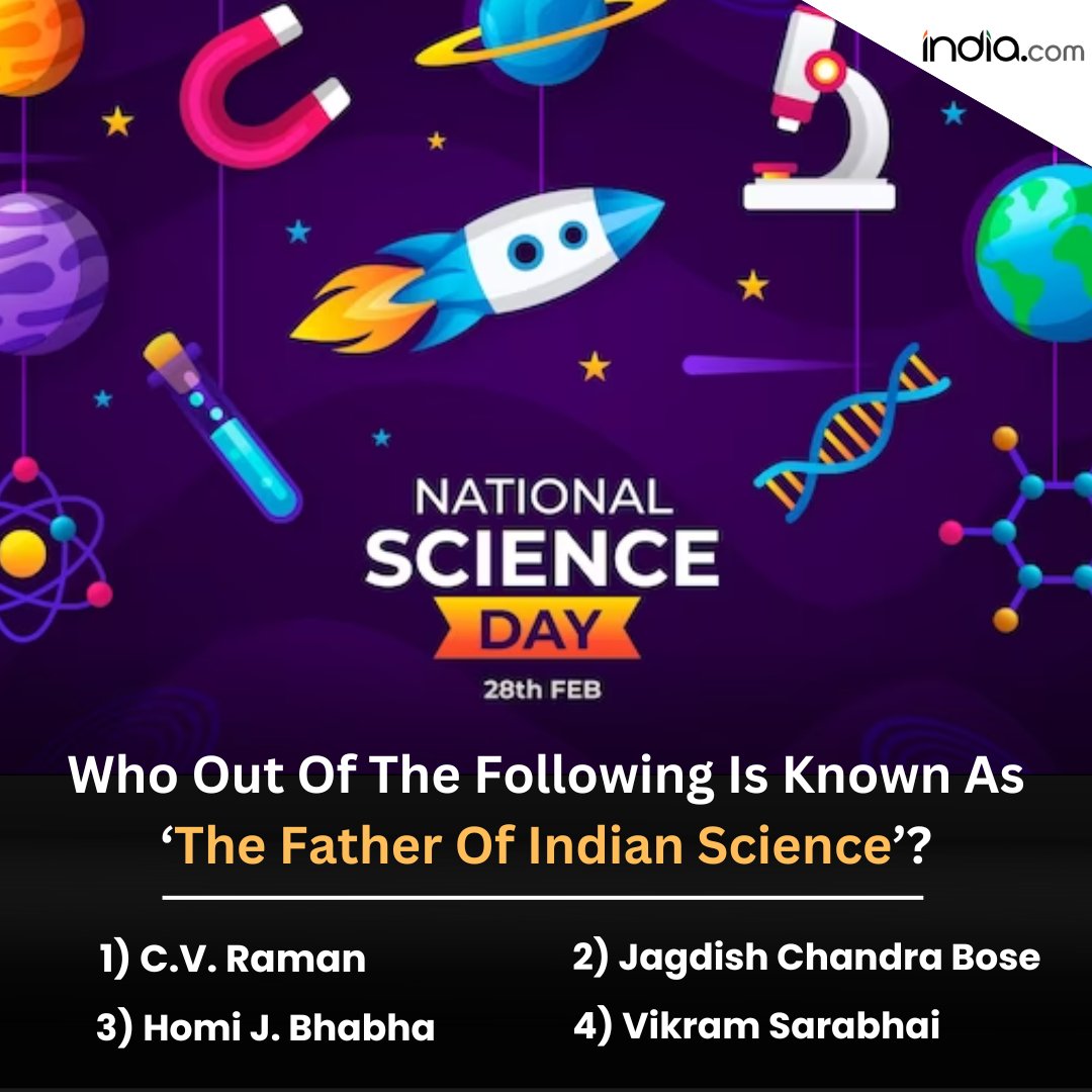 indiacom's tweet photo. #NationalScienceDay Quiz: Who is known as the 'Father of Indian Science'?
Let us know the answer down below.
#NationalScienceDay2024 #ScienceDayChallenge #Quiz https://t.co/QFuwUbe35S