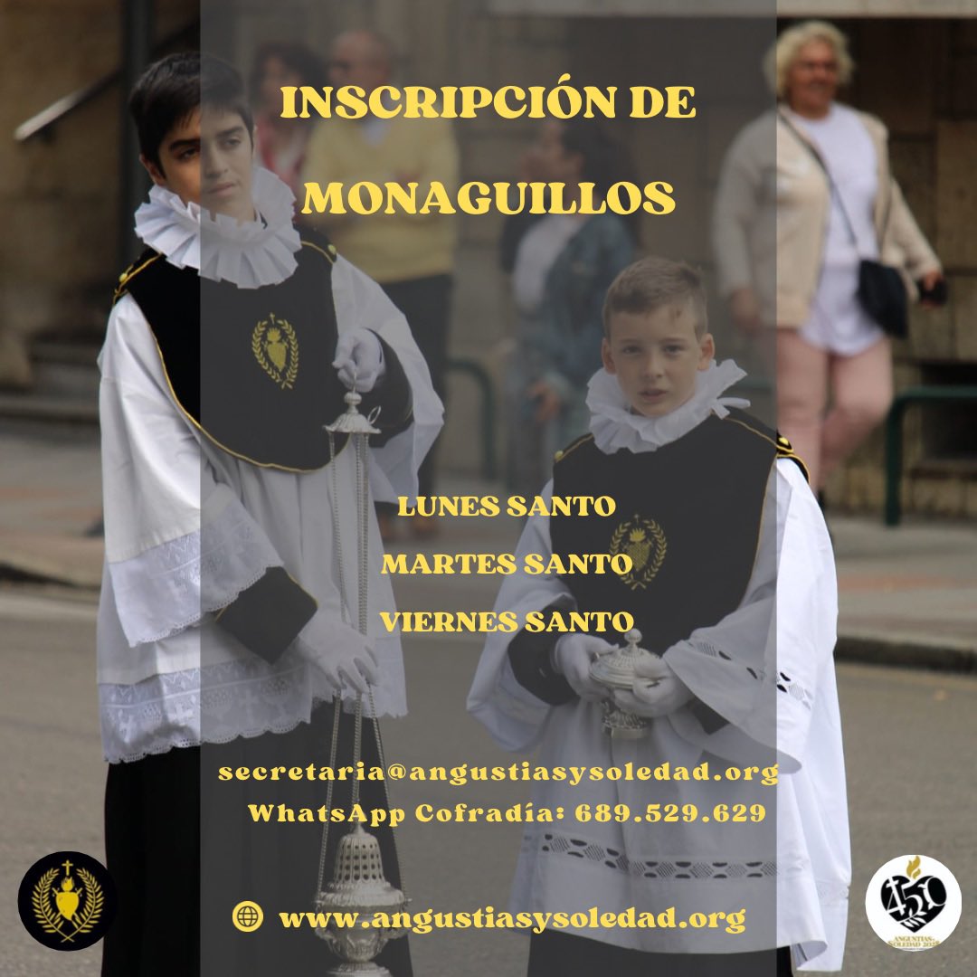 AyS_Leon's tweet photo. Inscripción de monaguillos para las Procesiones de La Pasión, El Dolor de Ntra. Madre y la Solemne y Oficial Procesión del Santo Entierro. 

#angustiasysoledad1578 #semanasantaleon #pasioncofrade #leonesp https://t.co/rNIAk12u0G