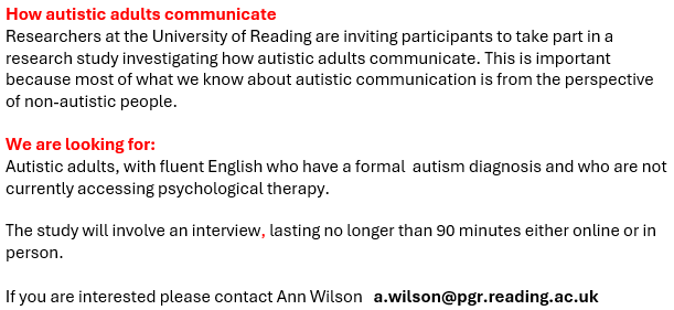 A colleague is looking for autistic adults to participate in a study into authentic forms of autistic communication. Please email the address below for more information.