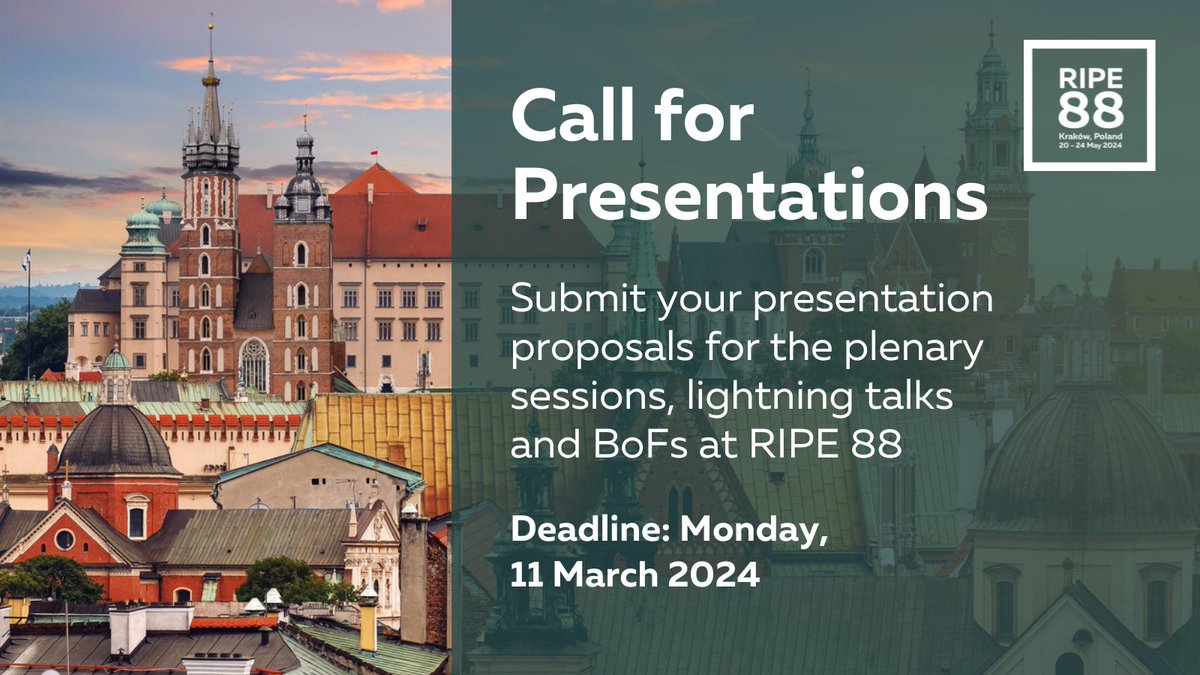 Want to present at #RIPE88 in Krakow? Submit your presentation proposal before 11 March for first consideration. RIPE 88 is hybrid, so both online and on-site speakers are welcome! Learn more at: ripe88.ripe.net/submit-topic/c…