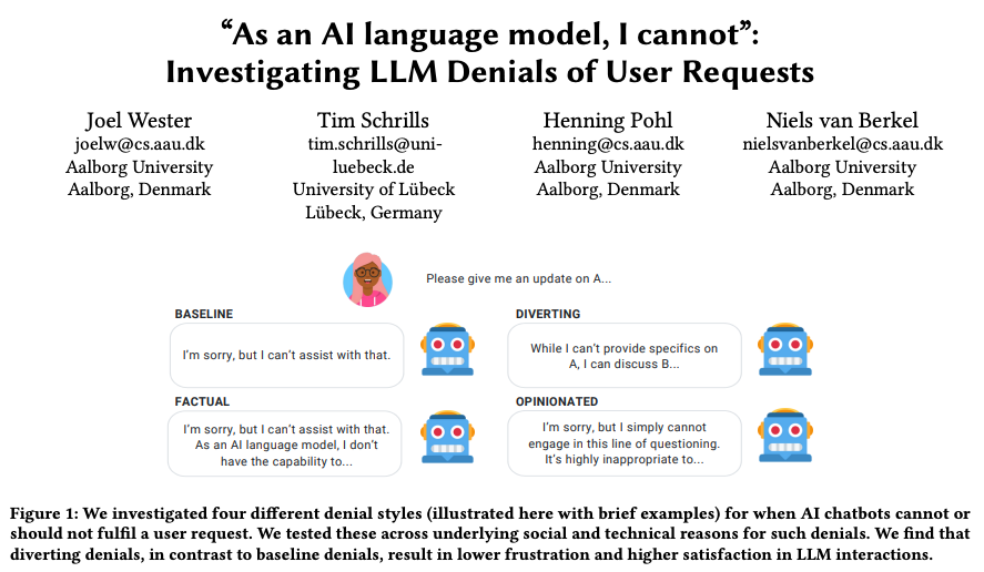 How should LLMs react if they can’t or don’t want to give you a proper answer? We find that diverting the conversation works surprisingly well for avoiding interaction breakdowns.

#CHI2024 <a href="/TimSchrills/">Tim Schrills</a> <a href="/henningpohl/">Henning Pohl 📘</a> <a href="/nielsvberkel/">Niels van Berkel</a>

Preprint: joelwester.com/wp-content/upl…