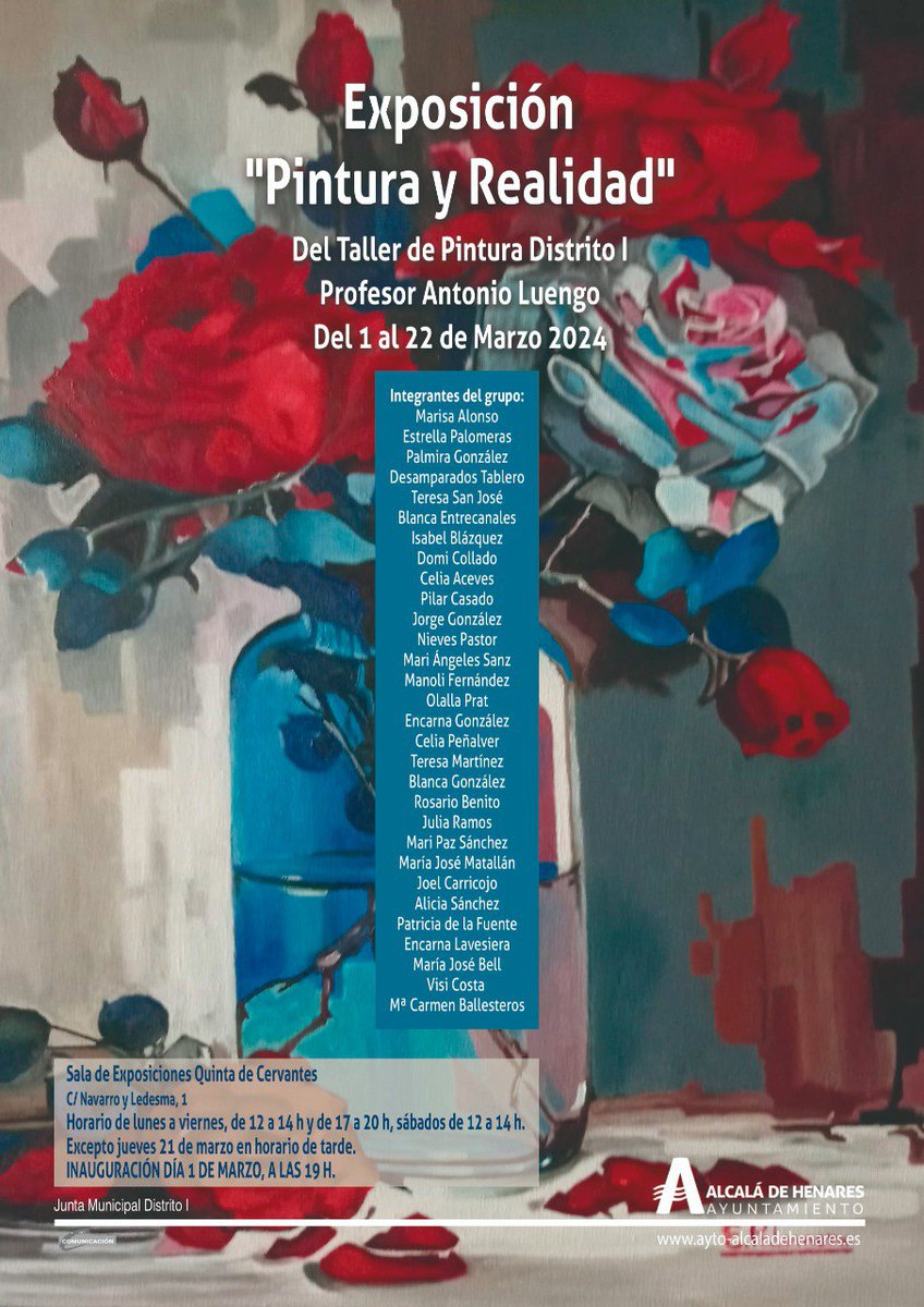 Actividad cultural en el Distrito I: "Exposición del Taller de Pintura"
📅INAUGURACIÓN: 1 de marzo a las 19h
📍LUGAR: Sala de exposiciones Quinta de Cervantes (C/ Navarro y Ledesma, 1)