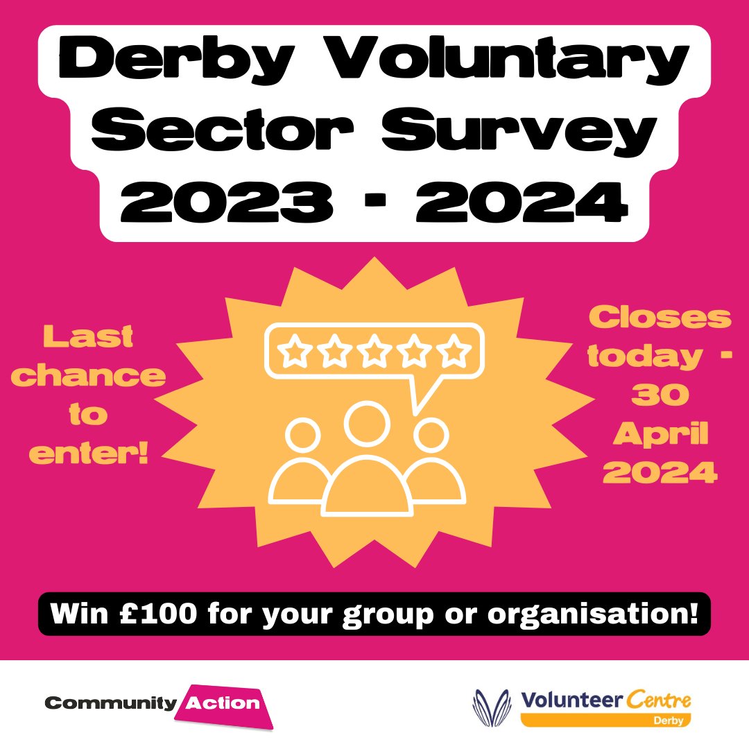 ⏳ Last chance to win £100 for your group / organisation! ⏳ Complete our Voluntary Sector Survey 2023-24 & help us to support Derby's VCSE sector in the best way possible All entries received by end of TODAY - 30 April will go into the prize draw🤩 🔗👉forms.office.com/e/Vr29H9uFNj