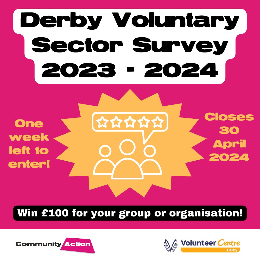 🚨 1 week left to enter & win £100 for your group / organisation! 🚨 Complete our Voluntary Sector Survey 2023-24 & help us to support Derby's VCSE sector in the best way possible All entries received by 30 April 2024 will go into the prize draw 🤩 🔗👉 forms.office.com/e/Vr29H9uFNj