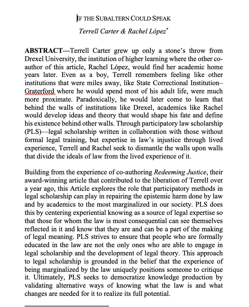 It's with great apprehension (tbh) that I share Terrell Carter's and my latest, If the Subaltern Could Speak, the second in a series which develops the theory and practice of Participatory Law Scholarship. Now forthcoming @MinnesotaLawRev & posted @SSRN papers.ssrn.com/sol3/papers.cf…