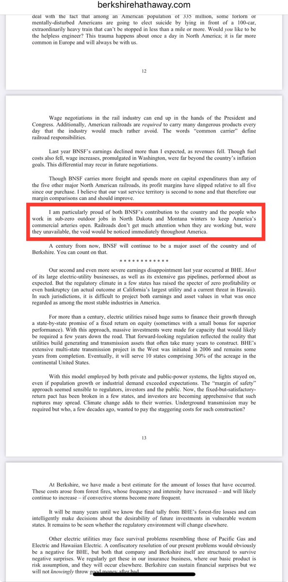 jarrgal's tweet photo. Some highlights from Berkshire Hathaway’s 2023 annual shareholder letter:
1) Buffett saying he’s incredibly proud of the BNSF workers who work in sub-zero North Dakota.
2) Buffett saying $BRK has no possibility of eye-popping performance.
3) Never risk permanent loss of capital. https://t.co/vVzUNOQXMk