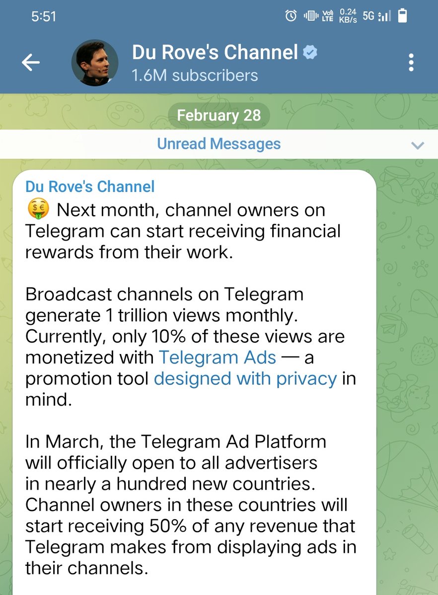 Telegram to start channel monetization from March, 2024. Channel owners  will receive 50% money from advertisements displayed in their channel. # Telegram #Monetization
