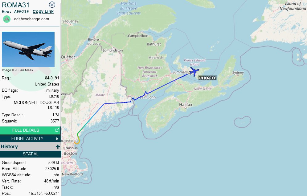 SirListenalot's tweet photo. 1144z #KC10 #AE021E #ROMA31 on a round trip out of Pease seems to be a replacement for #KC135 #ROMA43 (Bangor). Likely taking over "LN" #F15's #TREND91-96 from #ROMA41 https://t.co/IV65vl9PPX