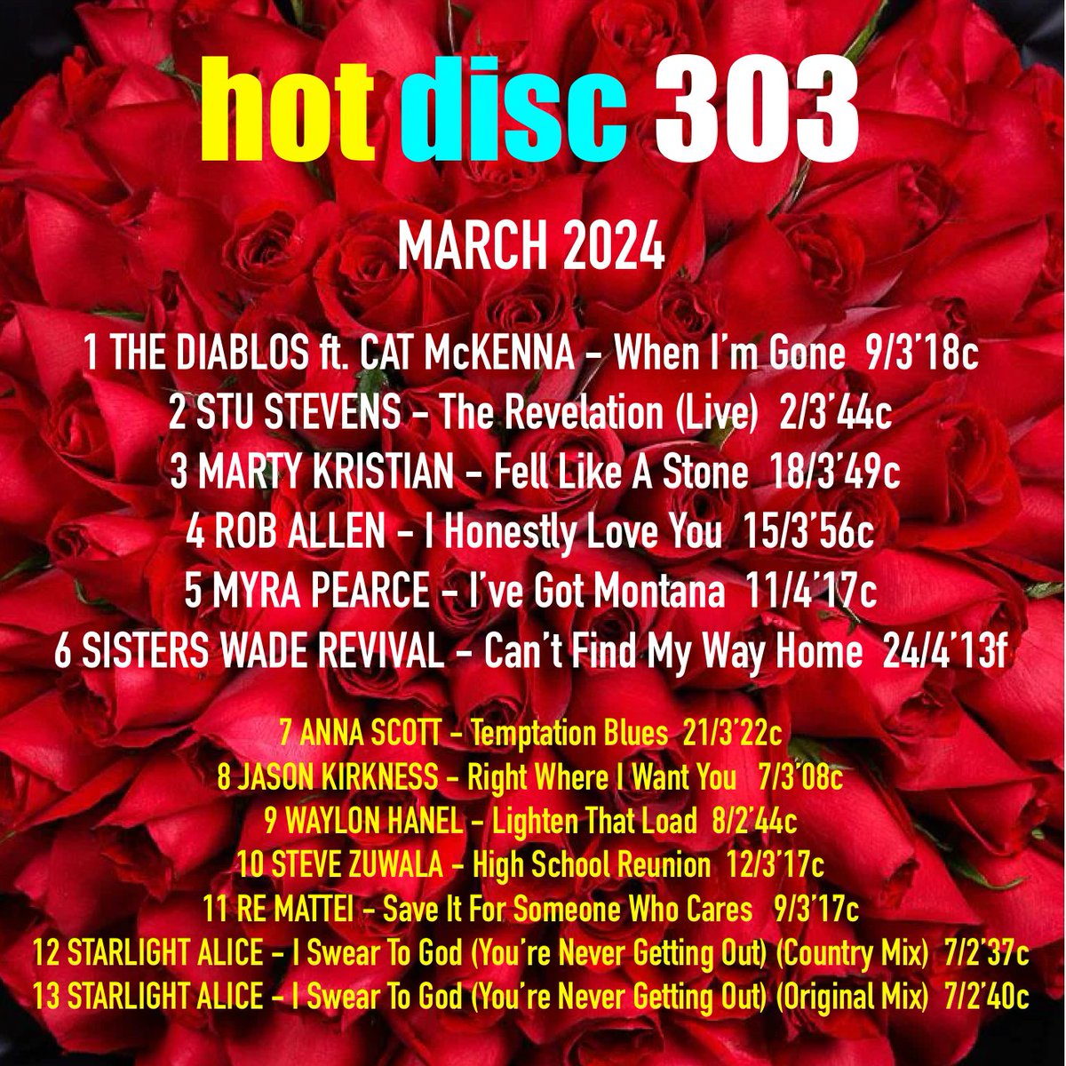 The New Hotdisc For March 2024 - Edition 303. 
Here's the line-up...
@waylonhanelmusic <a href="/ReMattei/">Re Mattei</a> @annascottartiste <a href="/AllCountryRadio/">All Country Radio</a> <a href="/SteveZuwalaBand/">Steve Zuwala Music</a> <a href="/stevezuwala/">SteveZuwala</a> <a href="/myrapearce/">myrapearce</a> <a href="/SistersWade_R/">Sisters Wade Revival</a> <a href="/jasonkirkness/">Jason Kirkness</a>