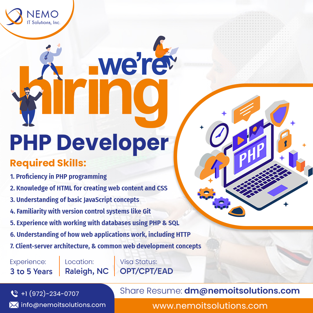 We're Hiring!!! Position: PHP Developer | @nemoitsolutions Experience: 3 to 5 Years & Location: Raleigh, NC Email CV: dm@nemoitsolutions.com . . . #phpjobs #phpdevelopers #phpdeveloperjobs #phpdeveloper #jobsinusa #phpdevelopment #php #optjobs #cptjobs #h1bsponsorship #h1bvisa