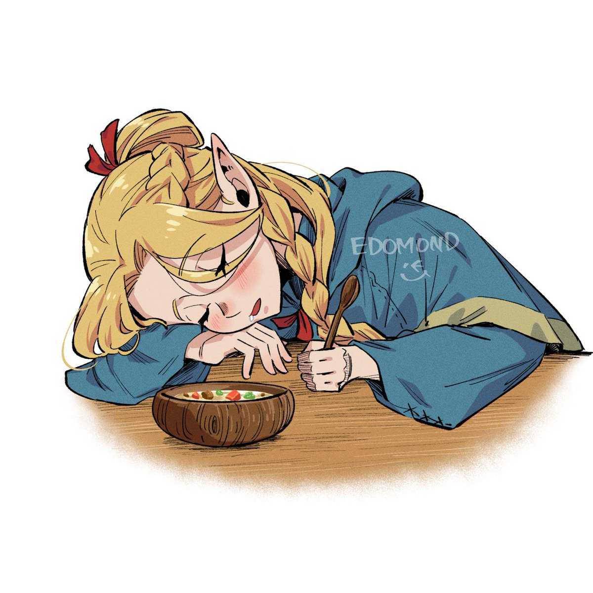 marcille donato 1girl elf pointy ears braid blonde hair solo spoon  illustration images