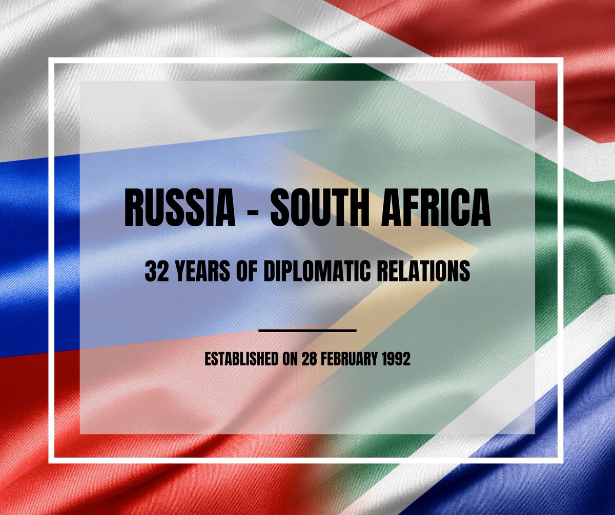 EmbassyofRussia's tweet photo. 🎉 Today we celebrate 32nd Anniversary of Russia - South Africa diplomatic relations.

🇷🇺🤝🇿🇦Since 28 February 1992 we have gone a long way in developing cooperation.

 🤝 Our countries enjoy a long-standing strategic partnership, efficiently cooperate both on the bilateral track & in international fora & organisations including #BRICS, #G20, at the UN & UN Security Council.