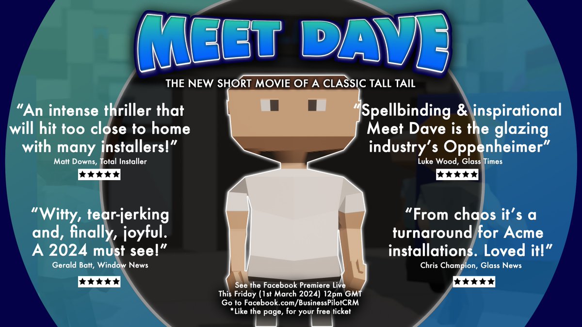 BusinessPilotUK's tweet photo. The reviews are in...#MeetDave is receiving critical acclaim from the likes of @GlassNewsmag, @glasstimes @InstallerTotal and @Window_News_uk
Watch the #MeetDave premiere at midday on Friday on Facebook - https://t.co/SRlqD1nMPs
#WatchLive #Glazing #Installers #Video #Premiere https://t.co/JaMqutBsog