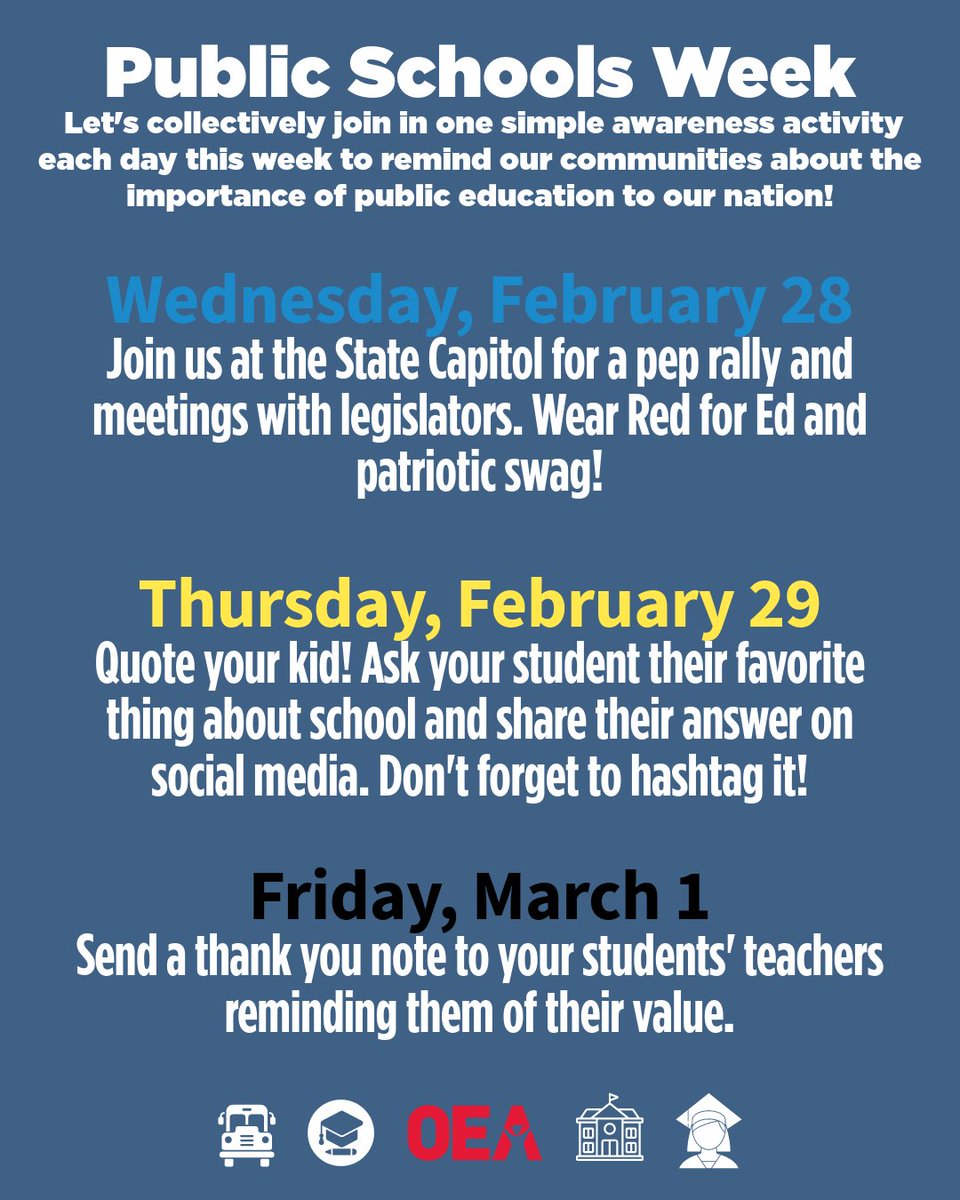okea's tweet photo. Happy #PublicSchoolsWeek -- Join us at the State Capitol for a pep rally and meetings with legislators. Wear Red for Ed!! #RedforEd #OklaEd #civication https://t.co/xVrvpsfvOc