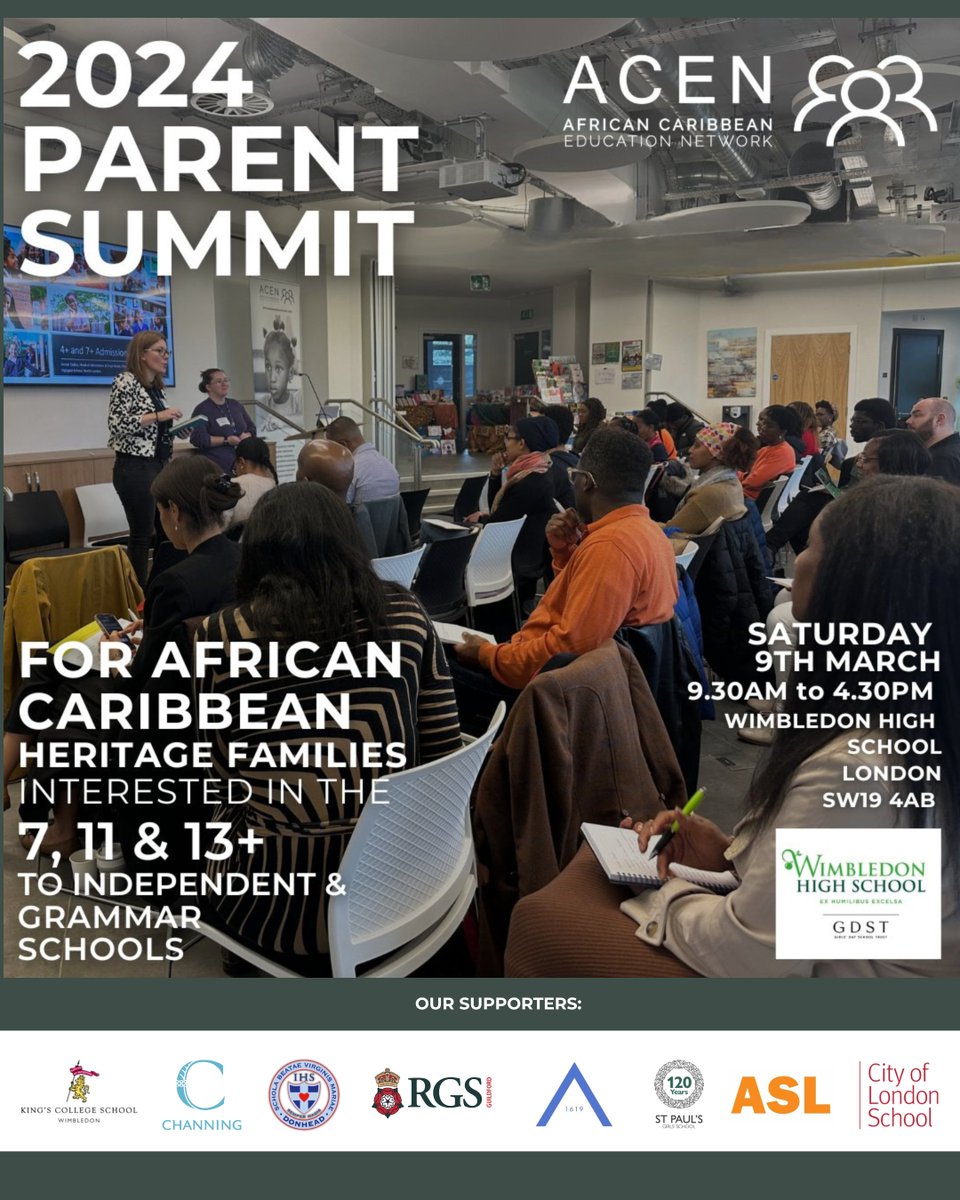 Black families wanting to know more about independent & grammar school admissions, join us for our annual Parent Summit and hear from schools, students and parents. Children 7+ welcome with exam preparation activities and games for them. More info aceducationnetwork.com/2024-parent-su…