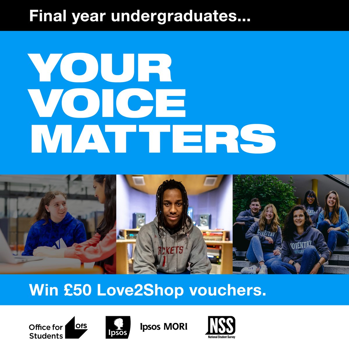 Have you accessed the National Student Survey yet? if you're a final year undergrad, hurry up and do so before 29 February to be in with a chance of winning 1 of 20 £50 Love2Shop gift vouchers! 

Access the survey here: bit.ly/3IbL0L3