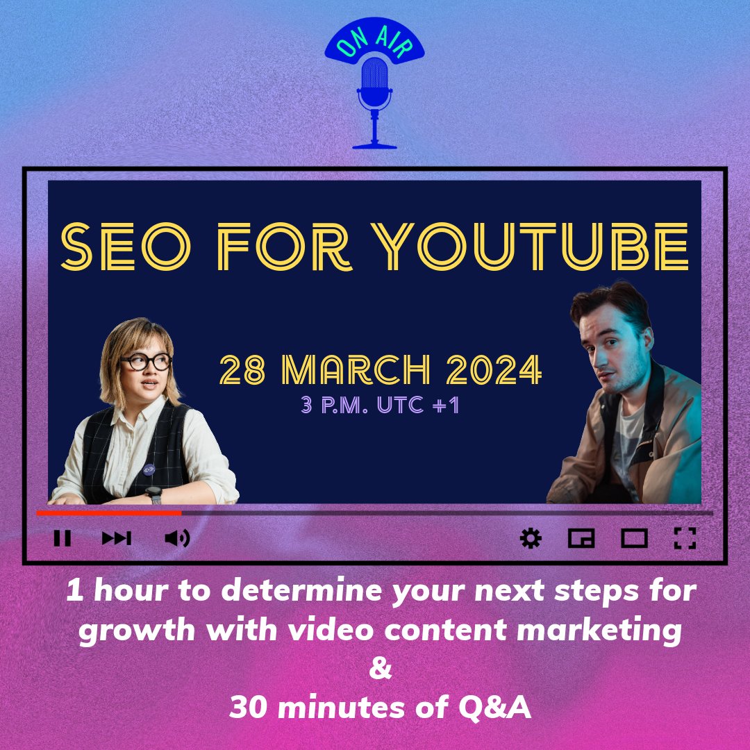 Youtube SEO Webinar: March 28, 2024 at 3 p.m. UTC +1 (Paris). More than a year of data have enabled us to experiment with the real factors of visibility in Youtube. To increase your video revenues, drive your audience to your site... Sign up now! 
mailchi.mp/assonance/webi…