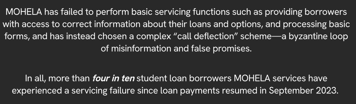 millennial_debt's tweet photo. This is a scandal on its own terms, but made worse because @MOHELA is very very bad at servicing loans.

MILLIONS of MOHELA customers experienced servicing errors since payments resumed.

In total, more than 4-in-10 MOHELA customers have had some kind of servicing failure. https://t.co/QIC3B5rRHa
