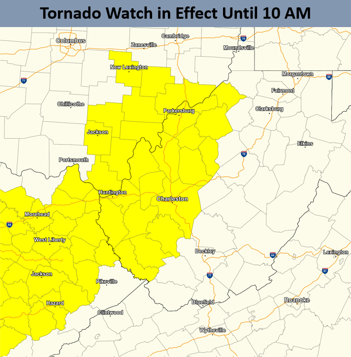 NWSCharlestonWV's tweet photo. The Tornado Watch has been expanded further eastward and runs until 10 AM EST. https://t.co/23ZmRI1UXP