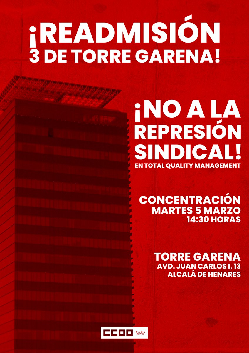 CCOOMadrid's tweet photo. ¡No a la represión sindical!

🔴Condenamos el despido de tres personas por presentarse en las listas de #CCOOMadrid a las elecciones sindicales en Total Quality Management en #AlcaládeHenares

¡Han sido despedidas por querer mejorar los derechos de sus compañeros y compañeras!

🔴 Concentración el 5M a las 14.30h en la Torre Garena, Alcalá de Henares

Ver noticia
https://t.co/0KD2lnlV9y