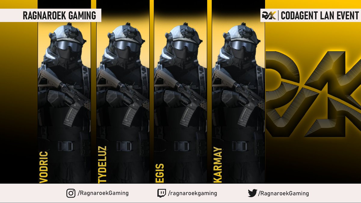 RagnaroekGaming's tweet image. We're extremly hyped to announce our new roster for the upcomming Hamburg Lan Event by @CODAgentEU this weekend🔥

We welcome:  
👑@Vodric 
👑@tydeluz 
👑@IEgisI 
👑@KarmaySZN

We're proud to be represented by this squad 😤💪
#WeAreRAK #RAK #codagent