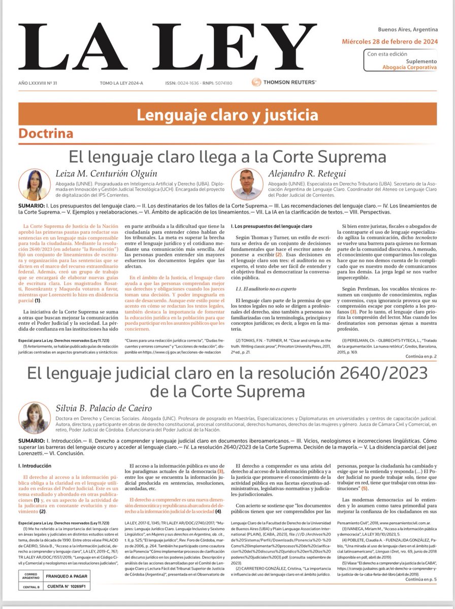 ARetegui's tweet photo. “El lenguaje claro llega a la Corte Suprema”, es el título del artículo publicado hoy en el diario @LaLeyRedaccion @thomsonreuters Argentina, y que escribimos con la colega Leiza Centurión Olguín.

#lenguajeclaro #derecho #judicial https://t.co/Q5WZ1iusbR