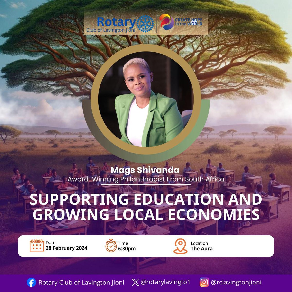 We are excited to host from South Africa, Bolawana Mags Shivanda,  an award-winning philanthropist, businesswoman, and supporter of the greater good.  Join us today @ 6:30 p.m. at the Aura, Argwings Kodhek  as she speaks to us on "Supporting Education and Growing local economies"