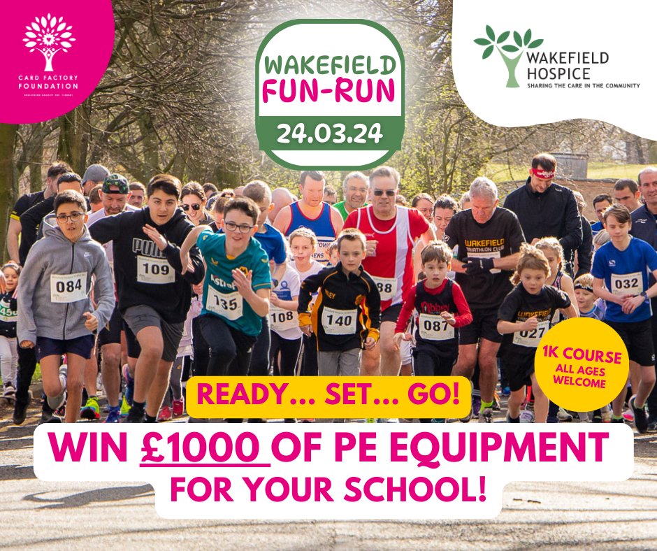 WfldHospice's tweet photo. How would you like to win £1000 of PE Equipment for your school?! 🤩

With thanks to the kind support of our sponsors The Card Factory Foundation, we are giving one school the chance to do just that, with every child who enters this year's 1KM fun run also entered into a ballot to win the grand prize for their school!

Taking place after the #Wakefield10K on Sunday 24th March, we hope to make this year's 1KM Family Fun Run the biggest one yet! 

To find out more or to enter today visit the link below 👇
https://t.co/BBBUg2VZgO