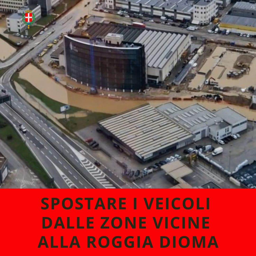 #maltempo #vicenza - Livello alto della roggia Dioma e del Retrone: spostare veicoli da luoghi non rialzati in zona industriale (via dell'Edilizia, dell'Industria, da viale degli Scaligeri a via del Progresso, via della Meccanica, dell'Elettronica, dell'Economia e della Tecnica)