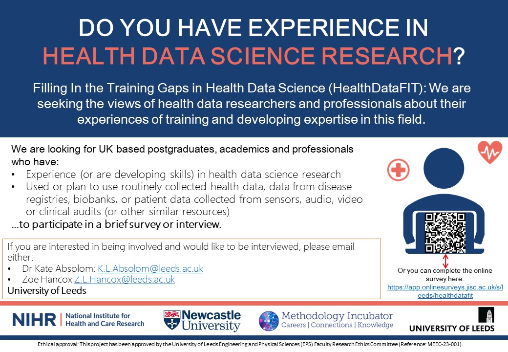 Using health data in your research? Share your views of the training available across health data science settings. Findings will help <a href="/NIHRresearch/">National Institute for Health and Care Research</a> @Methodology_Incunderstand any gaps. Take part in a brief online survey shorturl.at/kJ012 or interview. Thank you!