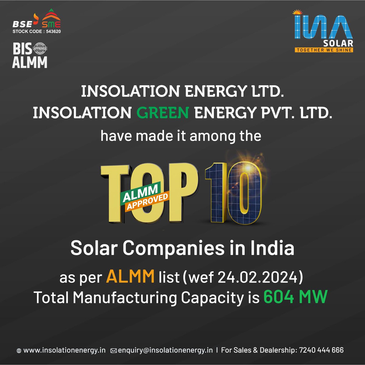 We are 'Over the Sun' to have grabbed a spot among the 'Top 10 Solar Companies in India' as per the ALMM List (wef 24.02.2024).
Insolation Energy Ltd.
#InsolationEnergy #INASolar #almm #TogetherWeShine #topsolarcompany #solarenergy #renewables #renewableenergy #renewablemirror