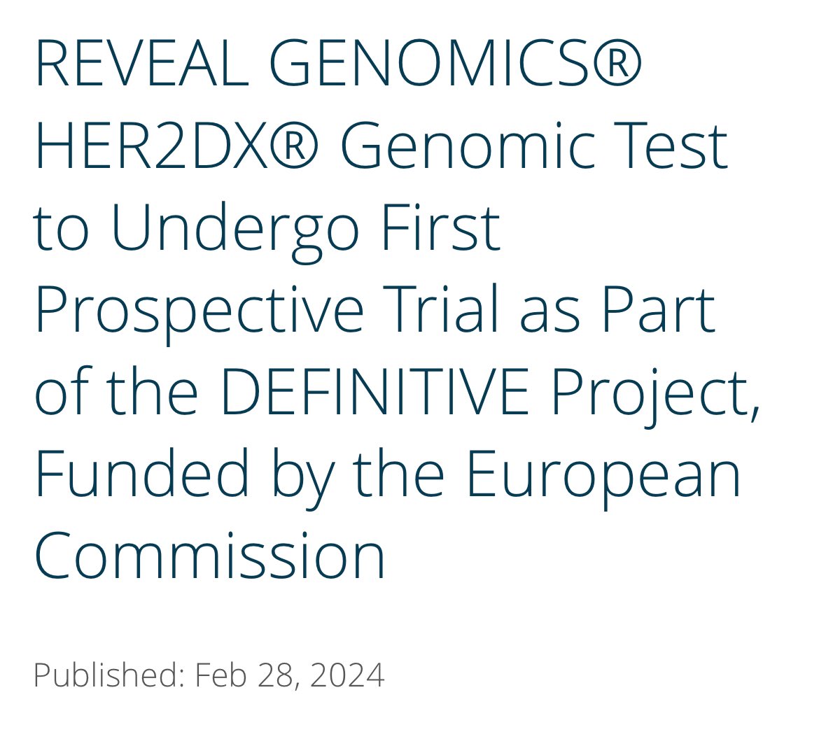 Paolo Tarantino (@ptarantinomd) on Twitter photo HER2DX to undergo first prospective trial in 7 🇪🇺 countries, supported by a 8M Horizon Europe grant. Congrats to the <a href="/RevealGenomics/">REVEAL GENOMICS</a> team and co-PIs <a href="/TomasPascualMD/">Tomás Pascual</a> & <a href="/OlgaMartnezSez1/">Olga Martínez-Sáez</a> for initiating this important effort! biospace.com/article/releas… HER2DX to undergo first prospective trial in 7 🇪🇺 countries, supported by a 8M Horizon Europe grant. Congrats to the <a href="/RevealGenomics/">REVEAL GENOMICS</a> team and co-PIs <a href="/TomasPascualMD/">Tomás Pascual</a> & <a href="/OlgaMartnezSez1/">Olga Martínez-Sáez</a> for initiating this important effort! biospace.com/article/releas…