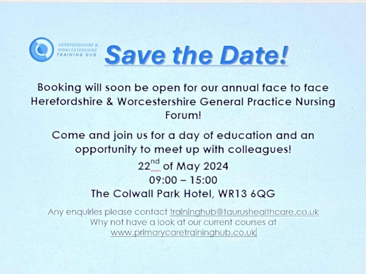 Save the date for our face to face education day.  Booking will soon open!! #taurushealthcare #traininghub #nurseeducation #SaveTheDate