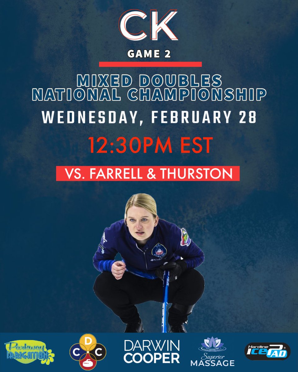 MIXED DOUBLES NATIONAL CHAMPIONSHIP

GAME 2️⃣
🗓️ | Wednesday, February 28
🆚 | Farrell &amp; Thurston 
📍 | Traverse City, MI🇺🇸
⏰ | 12:30PM EST
💻 | Line scores: usacurling.org
📺 | Broadcast on: youtube.com/watch?v=yw3GwK…
