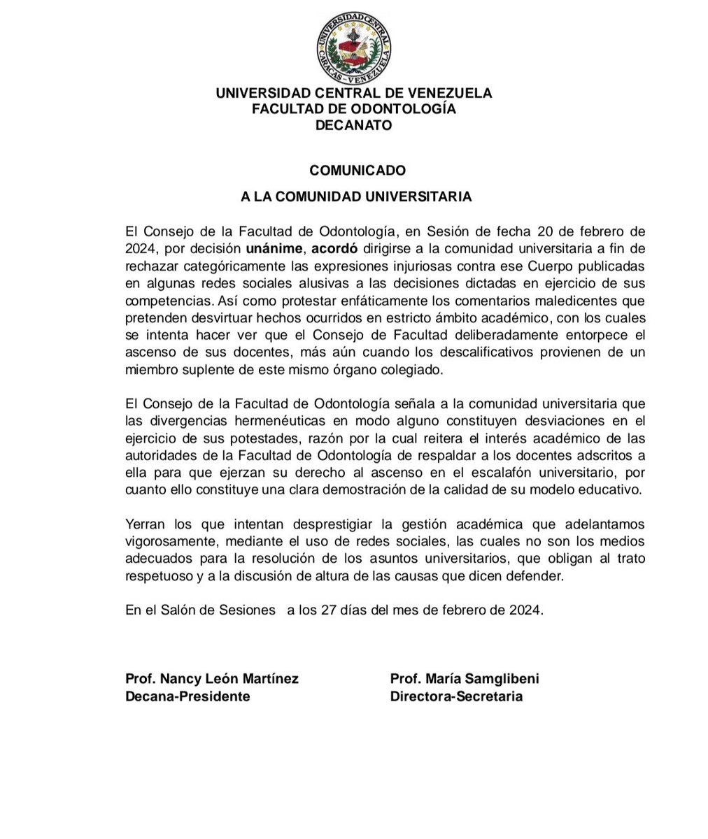 FacOUCV's tweet photo. Comunicado importante del Consejo de la Facultad de Odontología.

#UCV #odontología #Comunicado #ConsejoDeFacultad https://t.co/YDSAqbiLeC