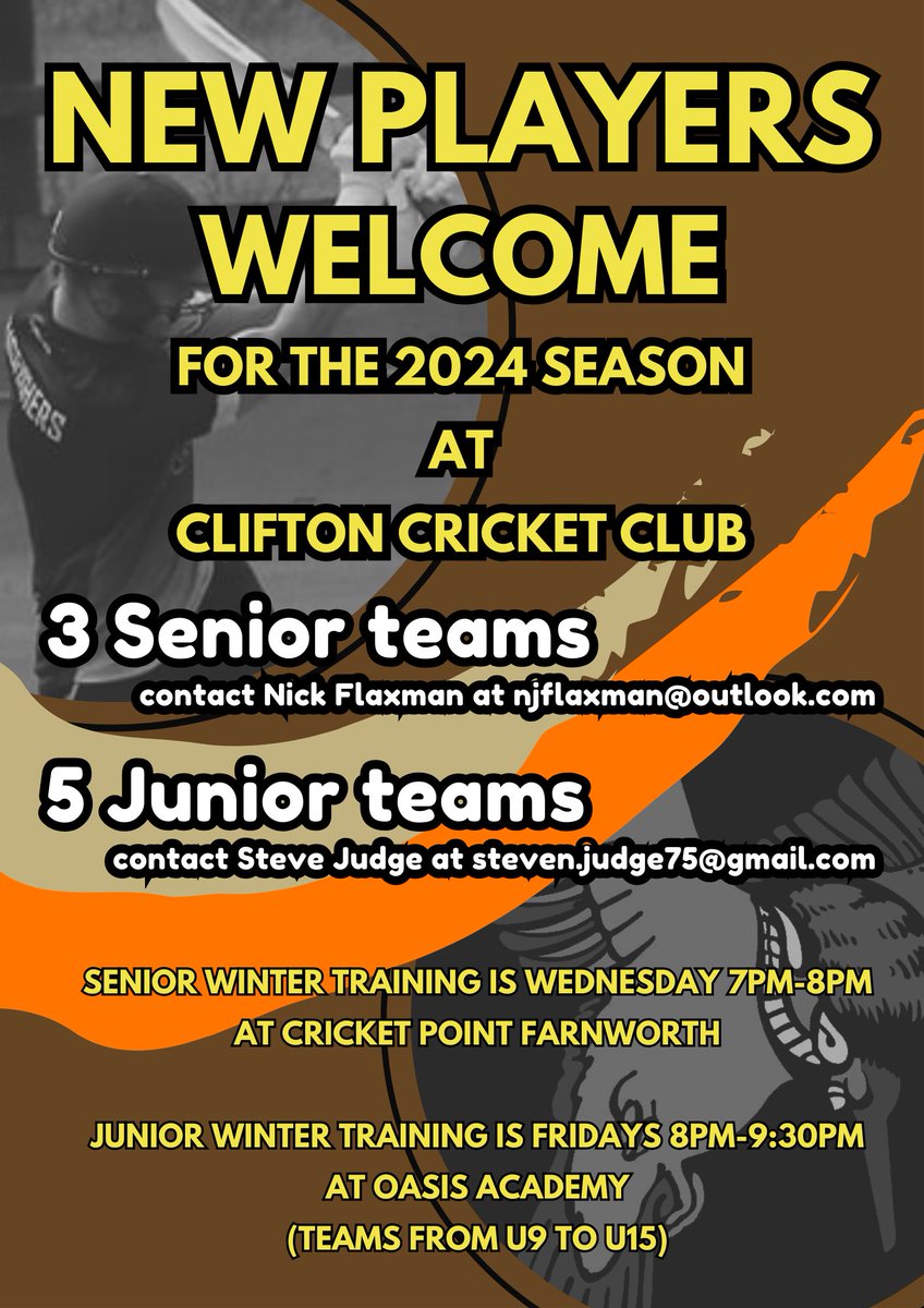 CliftonCC's tweet photo. Winter nets for seniors continue tonight at Cricket Point Farnworth at 7pm. Juniors on Friday at Oasis Academy from 8pm. New players welcome. Want more details? 👇👇 https://t.co/kFQsZ0GG6U