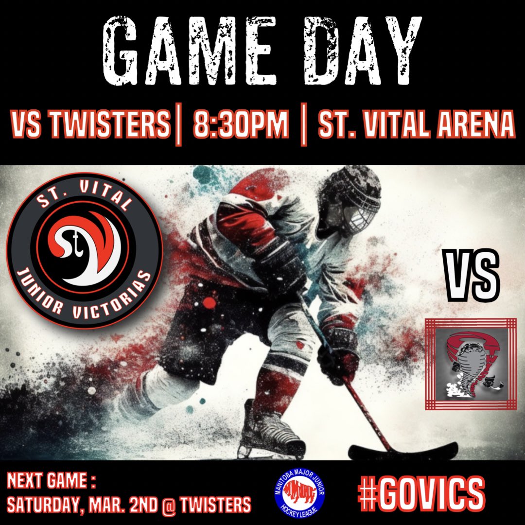 stvitaljrvics's tweet photo. 🚨GAMEDAY🚨
Time to finish off this game.. Your VICS take on Pembina Valley and continue the postponed game tonight!
See you there!
🆚 - Twisters
⏱️ - 8:30pm
📍 - St. Vital Arena
#govics #makeupgame #showtime https://t.co/c5a2COible