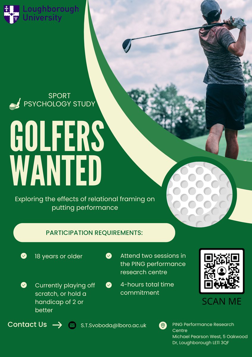 Sara Svoboda (@svobodeyyy2) on Twitter photo Golfers needed!
I'm looking to recruit elite golfers to take part in a putting performance experiment in the PING Performance Research Centre. Please share and reach out if you meet the criteria :)
S.T.Svoboda@lboro.ac.uk
<a href="/lborouniversity/">Loughborough University</a> <a href="/LboroSSEHS/">LboroSSEHS</a> Golfers needed!
I'm looking to recruit elite golfers to take part in a putting performance experiment in the PING Performance Research Centre. Please share and reach out if you meet the criteria :)
S.T.Svoboda@lboro.ac.uk
<a href="/lborouniversity/">Loughborough University</a> <a href="/LboroSSEHS/">LboroSSEHS</a>