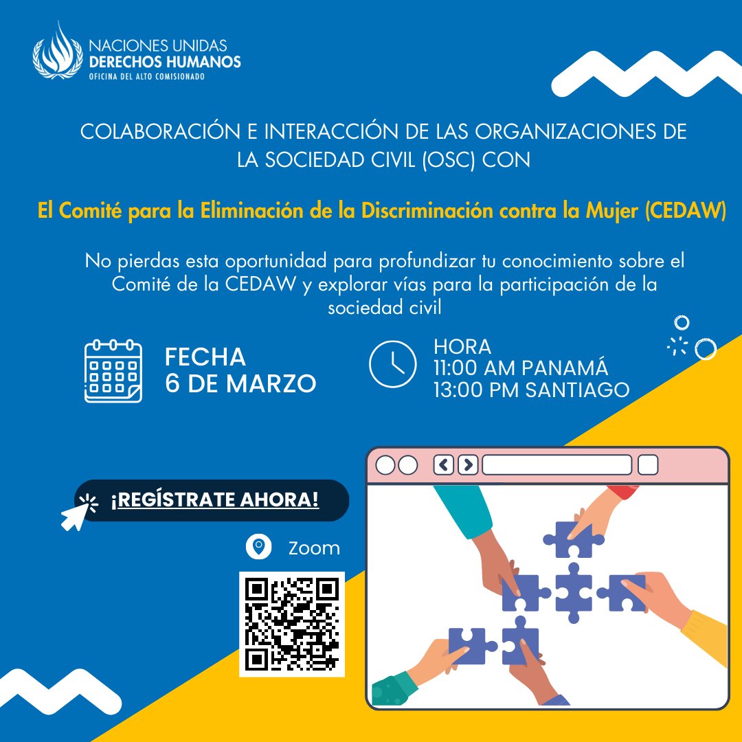 #CEDAW: A webinar will be held in Spanish to explore the engagement of civil society organizations from Central & South America with the UN Committee on the Elimination of Discrimination against Women. 🗓️: 6 March, 11h EST 📝: Register now forms.office.com/e/q5nwaRSZ8k